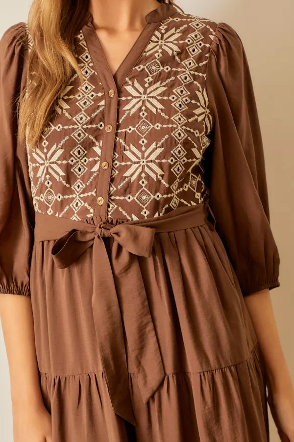 The Raven Embroidered Midi Dress in Brown