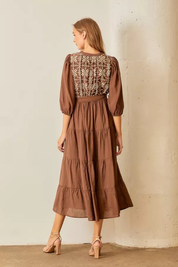 The Raven Embroidered Midi Dress in Brown