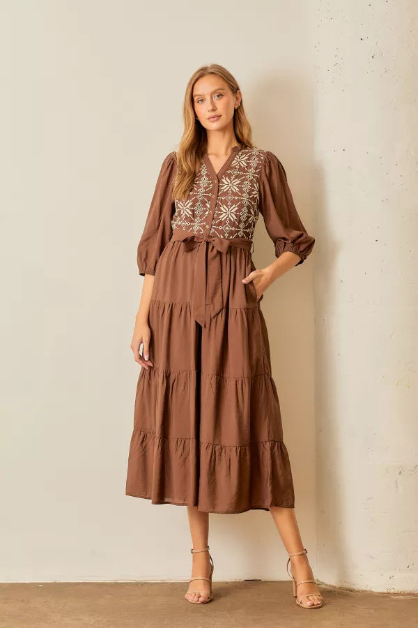 The Raven Embroidered Midi Dress in Brown