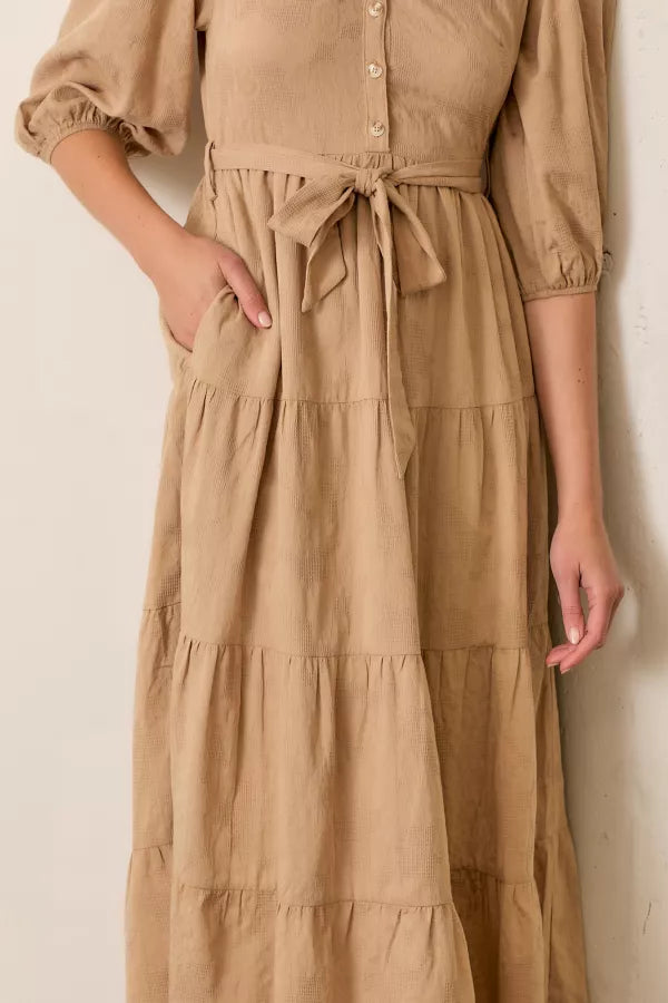 The Renna Button Front Maxi Dress in Taupe