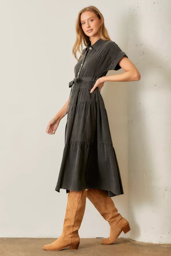 The Saku Denim Tie Maxi Dress in Black