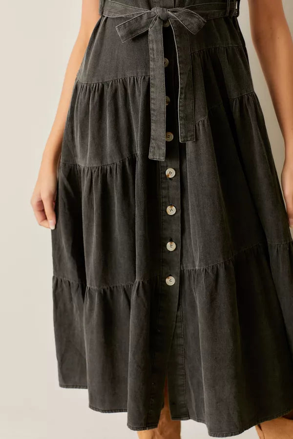 The Saku Denim Tie Maxi Dress in Black