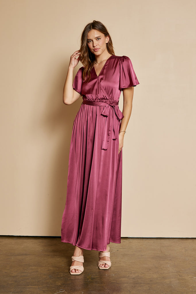 The Shawn Dull Satin Maxi Dress in Wine