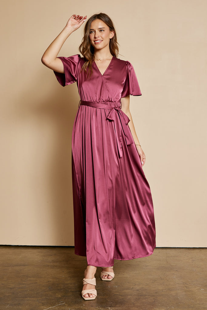 The Shawn Dull Satin Maxi Dress in Wine