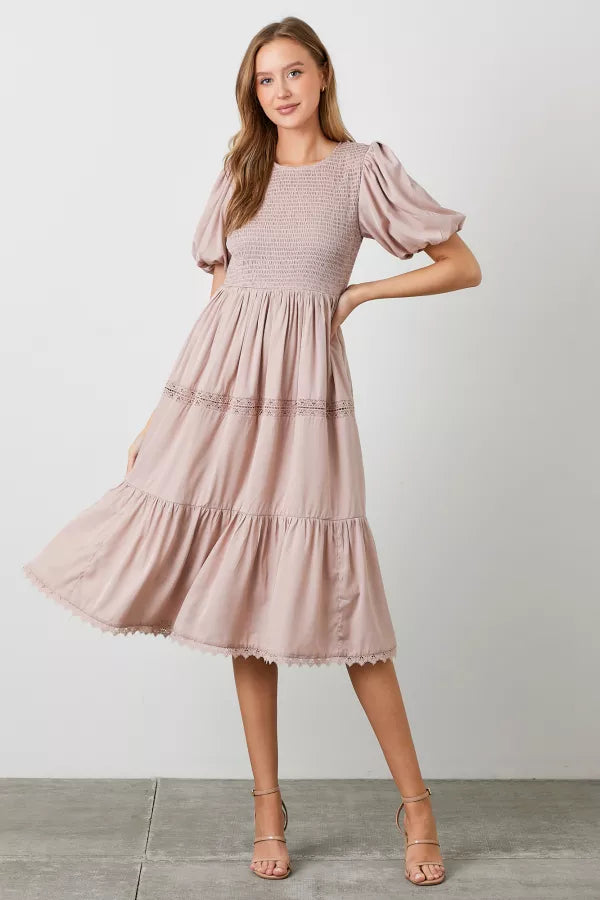 The Summer Smocked Midi Dress in Blush Pink