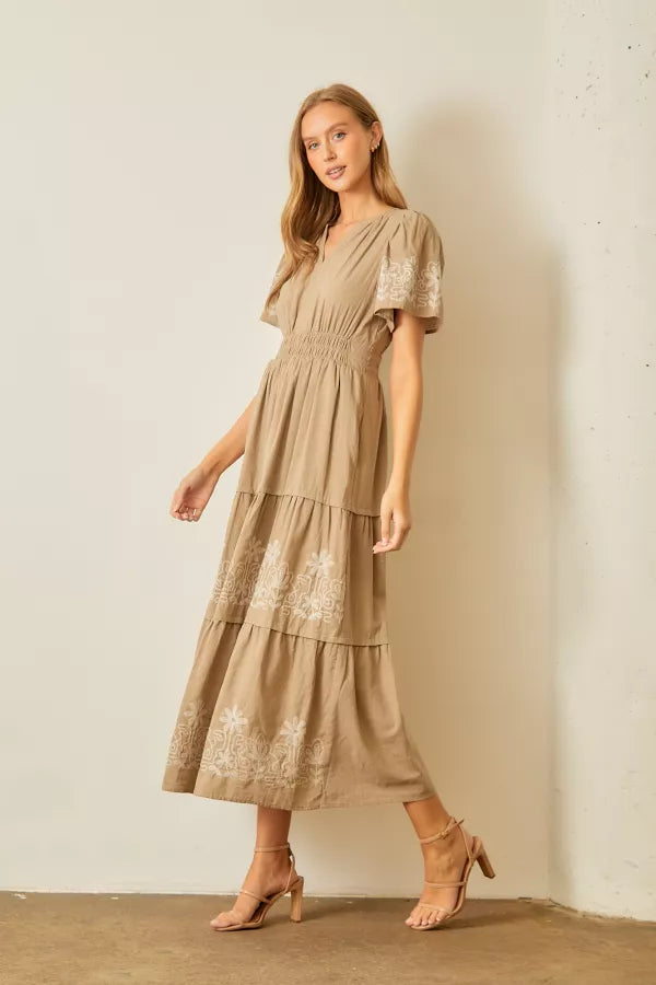 The Gracelyn Embroidered Maxi Dress in Taupe