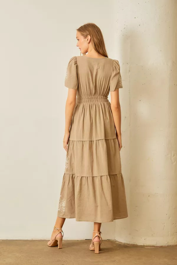 The Gracelyn Embroidered Maxi Dress in Taupe