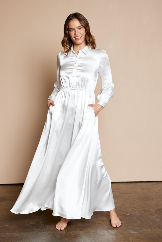 The Zaya Dull Satin Temple Dress in White