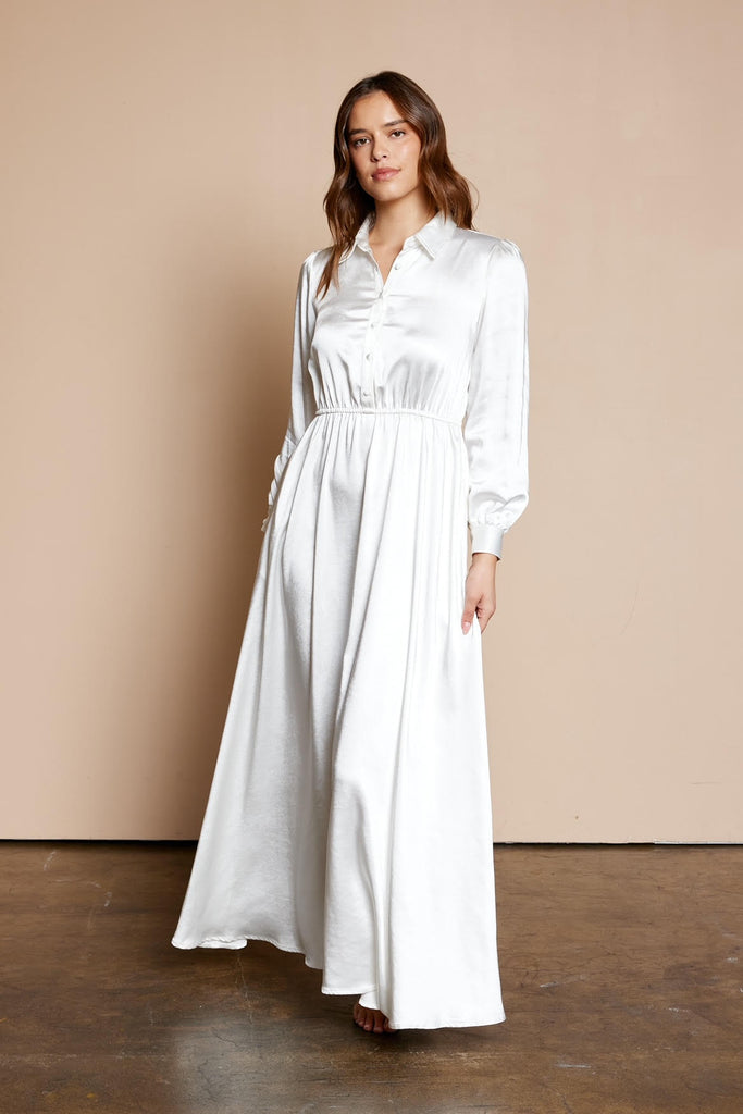 The Zaya Dull Satin Temple Dress in White