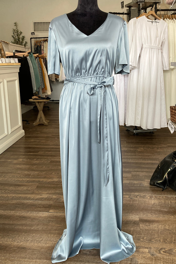 The Becca Dull Satin Maxi Dress in Blue