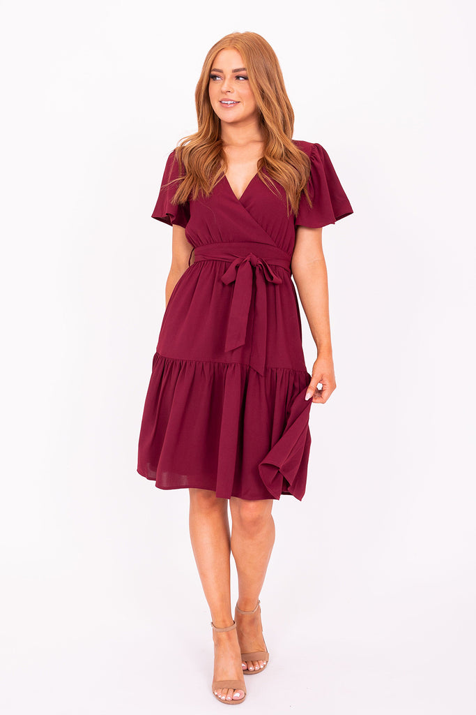 The Elyse Midi Dress in Claret Red