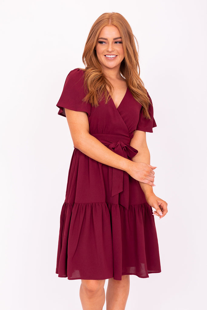 The Elyse Midi Dress in Claret Red