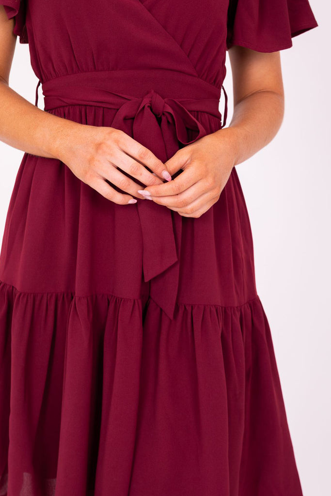 The Elyse Midi Dress in Claret Red