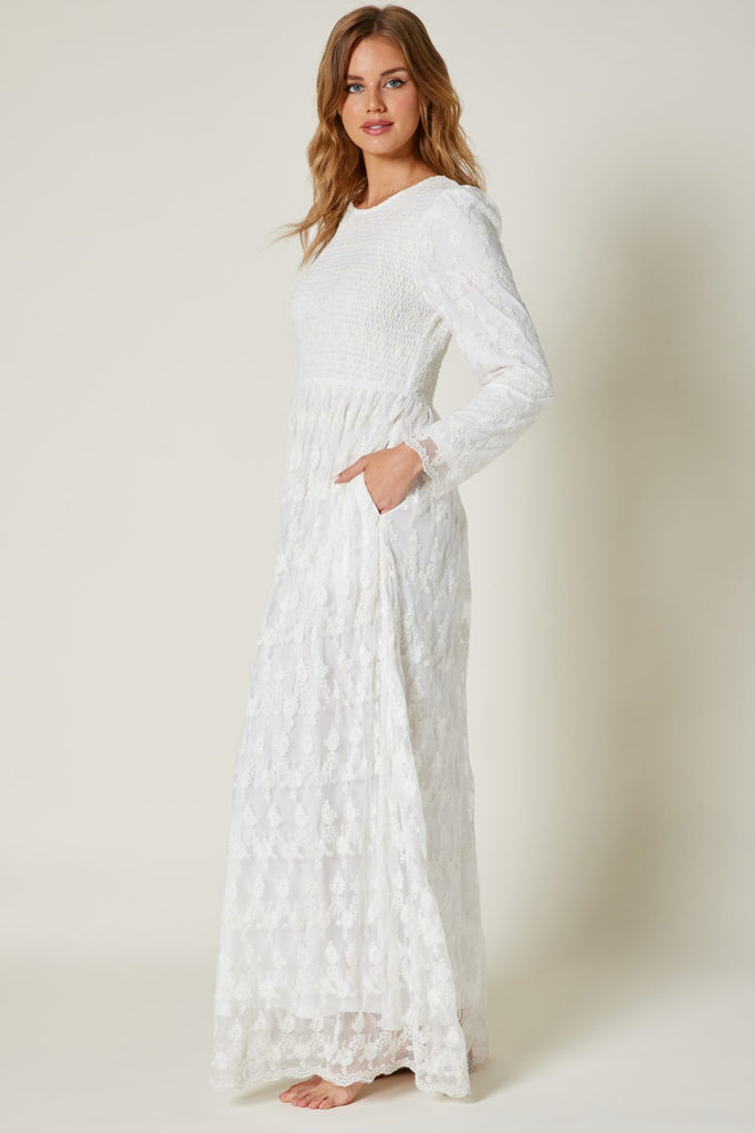 The Wren Smocked Lace Temple Dress in Creamy White