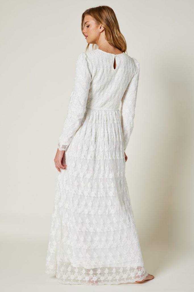 The Wren Smocked Lace Temple Dress in Creamy White