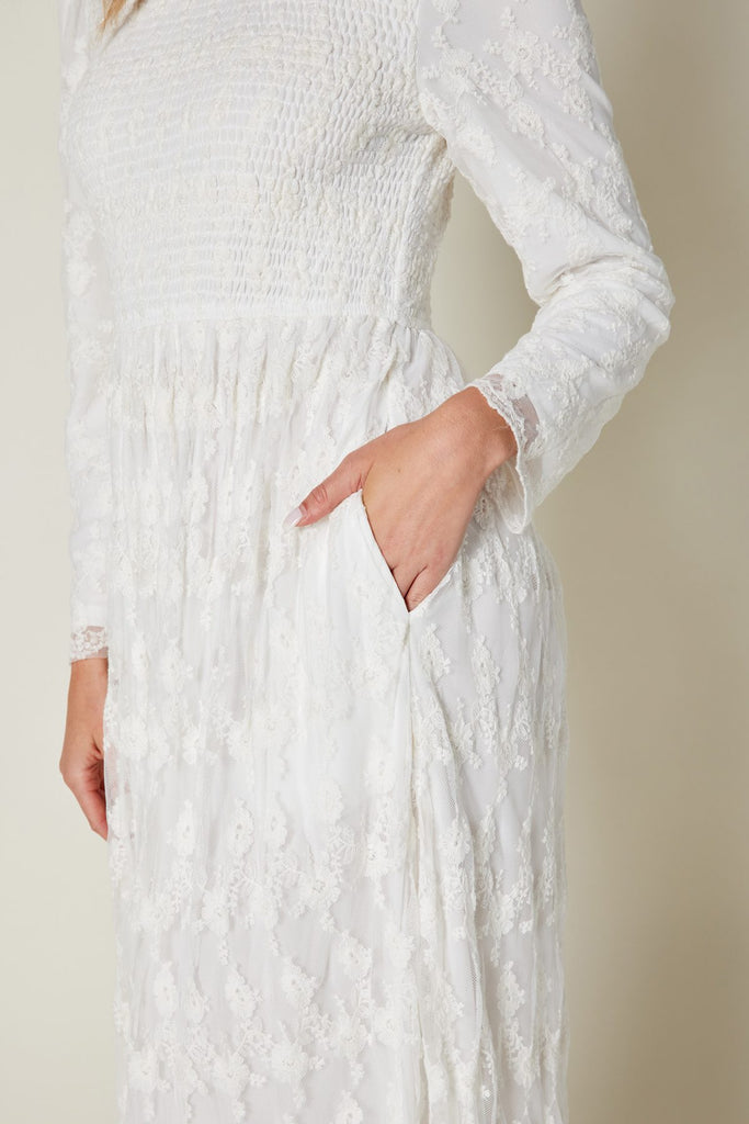 The Wren Smocked Lace Temple Dress in Creamy White