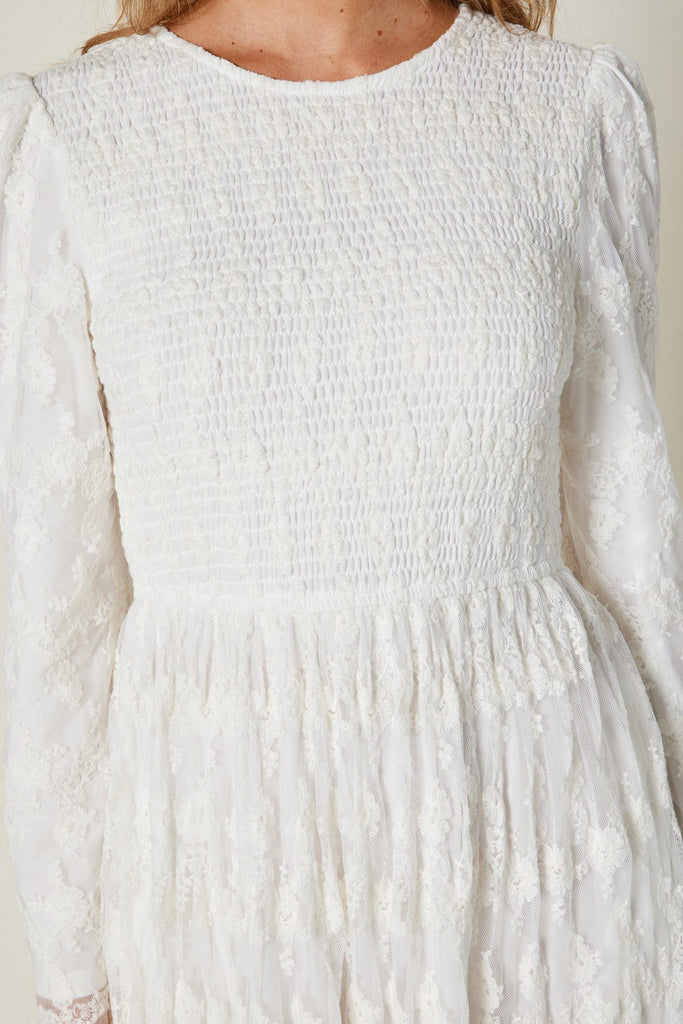 The Wren Smocked Lace Temple Dress in Creamy White