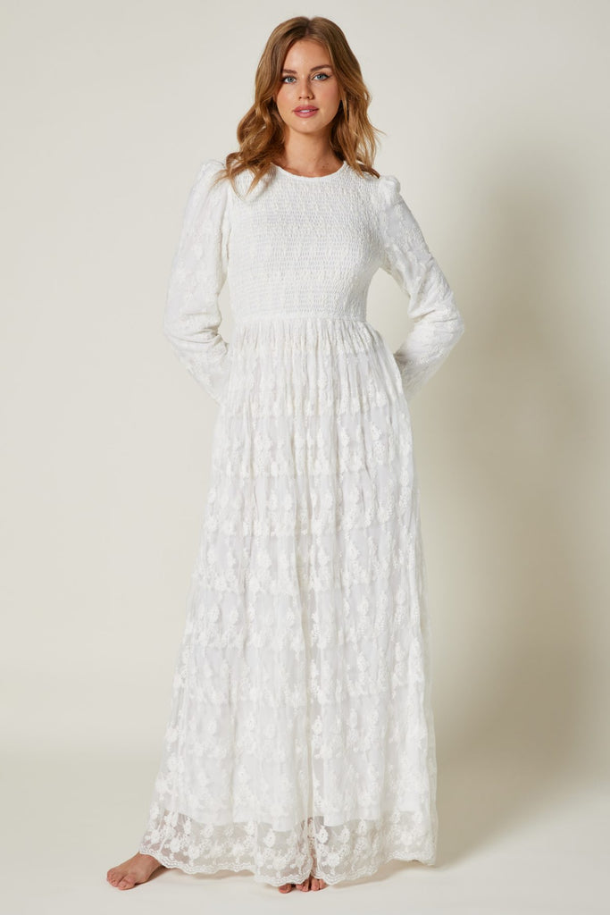 The Wren Smocked Lace Temple Dress in Creamy White