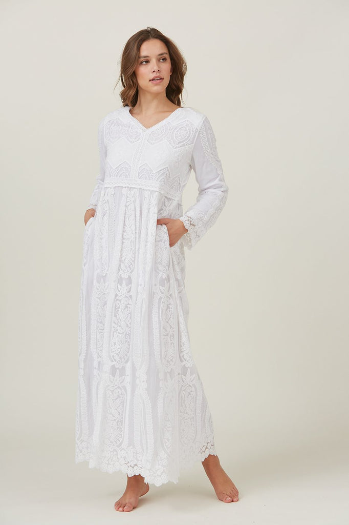 The Lillian Lace Temple Dress in White