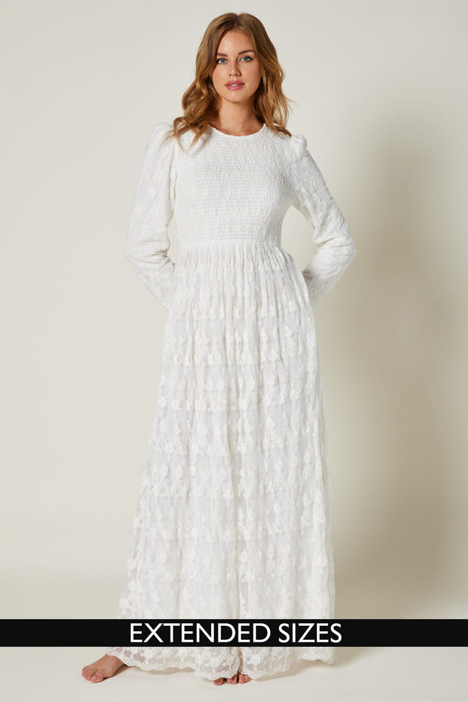 The Wren Smocked Lace Temple Dress in Creamy White