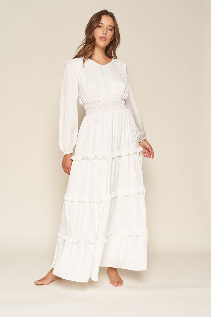 The Avery Satin Tiered Temple Dress in Creamy White