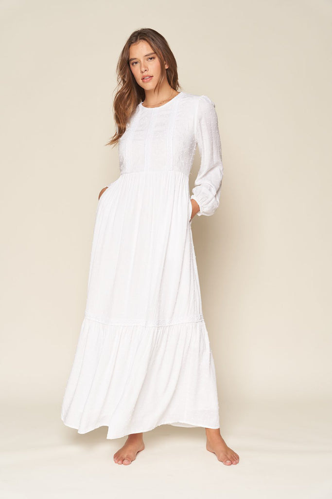 The Simone Embroidered Lace Temple Dress in White