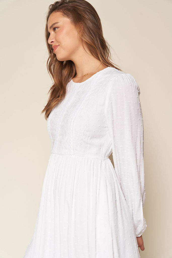 The Simone Embroidered Lace Temple Dress in White